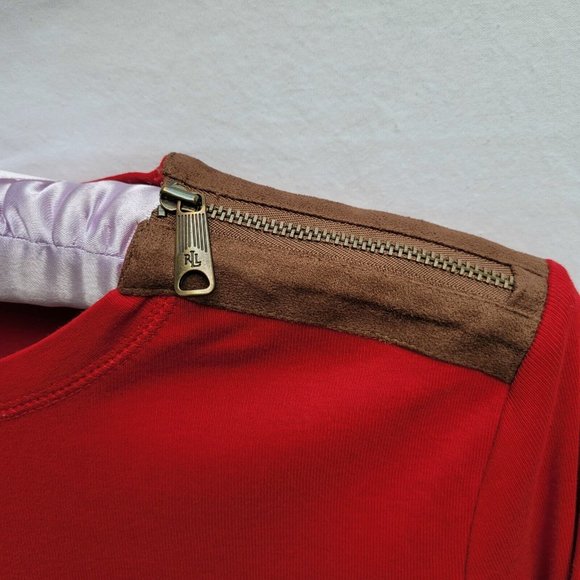 Lauren Jeans Ralph Lauren Womens Size S Red Pullover w Brown Patches Minimalist - Picture 3 of 7